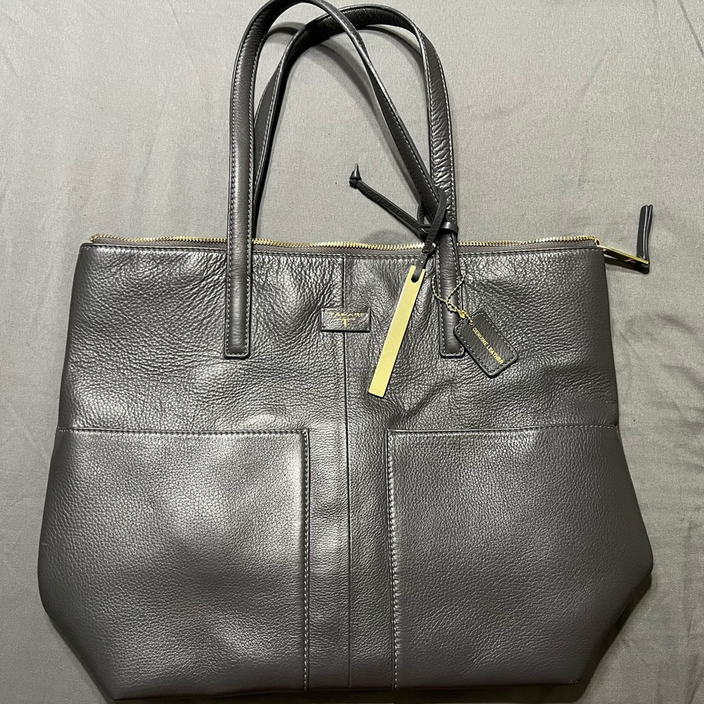 T Tahiti Dark Gray Leather Tote Bag
